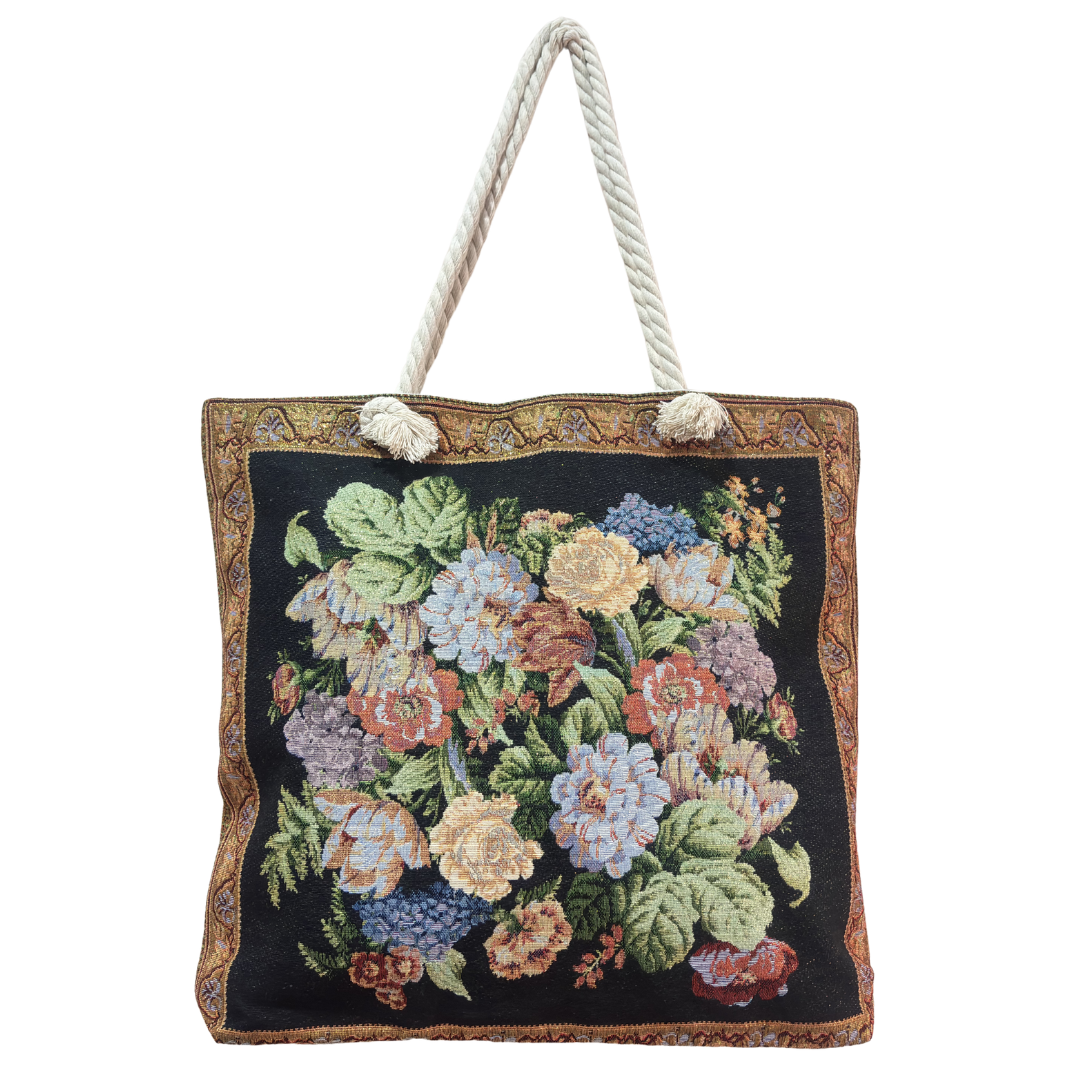Peacock & Floral Print Canvas Beach Tote — Handcrafted Waterproof Tote with Zip Closure | The House of RajPadmini