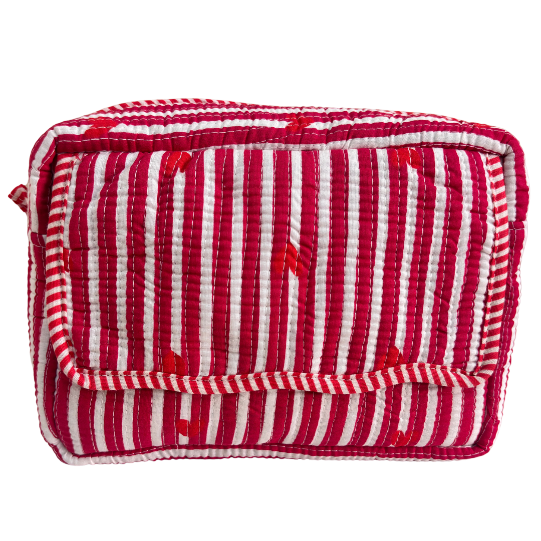 Multi-Pocket Travel Cosmetic Case with Flap & Front Zip — Handcrafted Quilted Block Print | RajPadmini