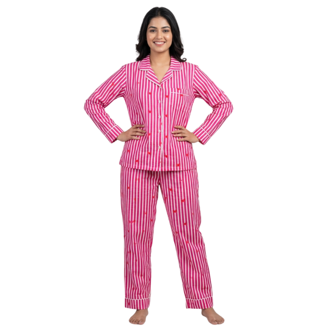 Gulmer by RajPadmini — Dil-e-Gulabi Mulmul Cotton Cord Set with matching Cover| Pink Striped Heart Print Nightsuit for Women | Breathable Loungewear with Collar Shirt & Pants