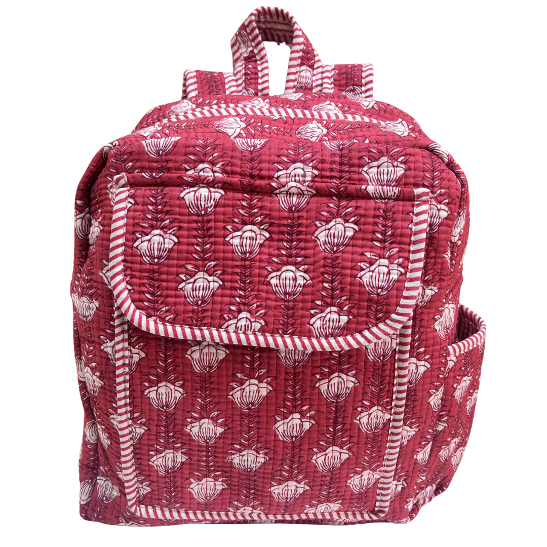 Pink quilted cotton backpack with floral design — handcrafted Jungle Book Edition | The House of RajPadmini Jaipur