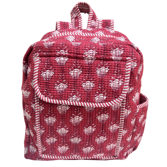 Pink quilted cotton backpack with floral design — handcrafted Jungle Book Edition | The House of RajPadmini Jaipur