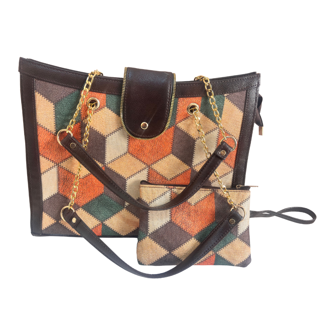Chain Handle Tote Bag for Women | Rajasthani Block Print with Gold Chain Handles & Matching Pouch
