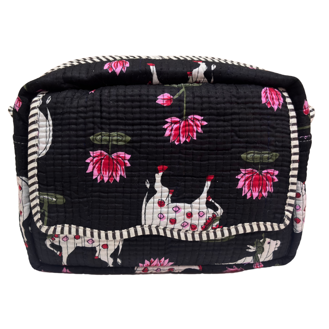 Handcrafted quilted cotton cosmetic case by RajPadmini — block-print travel makeup pouch with leak-proof parachute lining