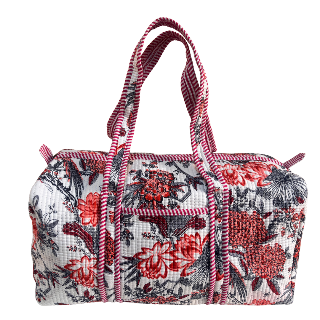 Pushkar Balloon Quilted Heritage Duffle by The House of RajPadmini — handcrafted travel duffle from Jaipur (Floral White variant)