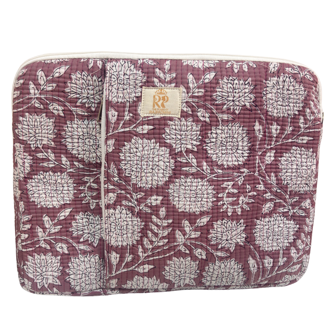 Quilted Cotton Laptop Sleeve with External Pocket — Handcrafted 14-inch Sleeve | The House of RajPadmini