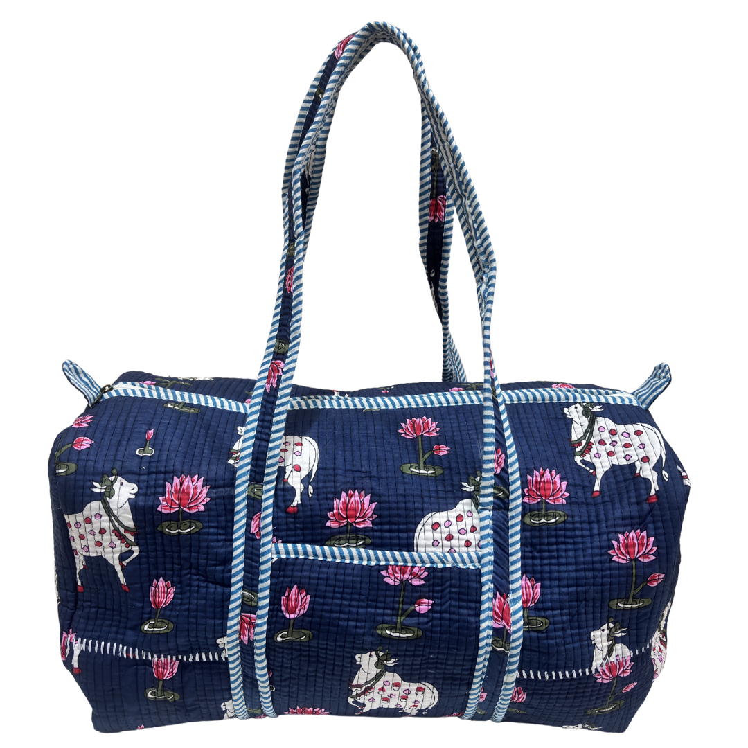 Pushkar Balloon Quilted Heritage Duffle by The House of RajPadmini — handcrafted travel duffle from Jaipur (Blue variant)