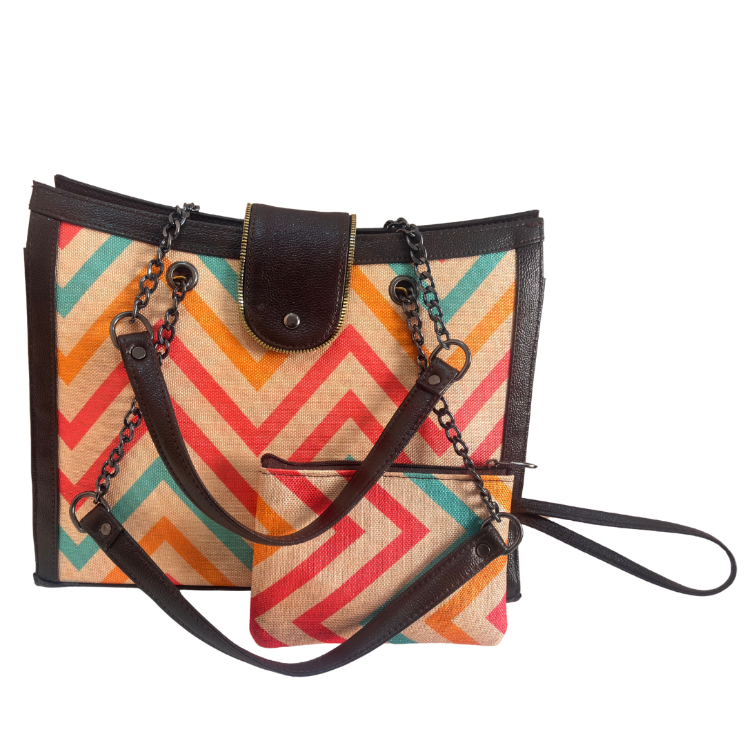 Chain Handle Tote Bag for Women | Rajasthani Block Print with Gold Chain Handles & Matching Pouch