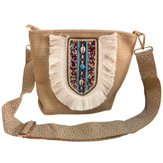 Handwork Bohemian Sling Bag | Canvas Fabric | Beaded Embellishment with Fringe | 21.5x27.9 cm