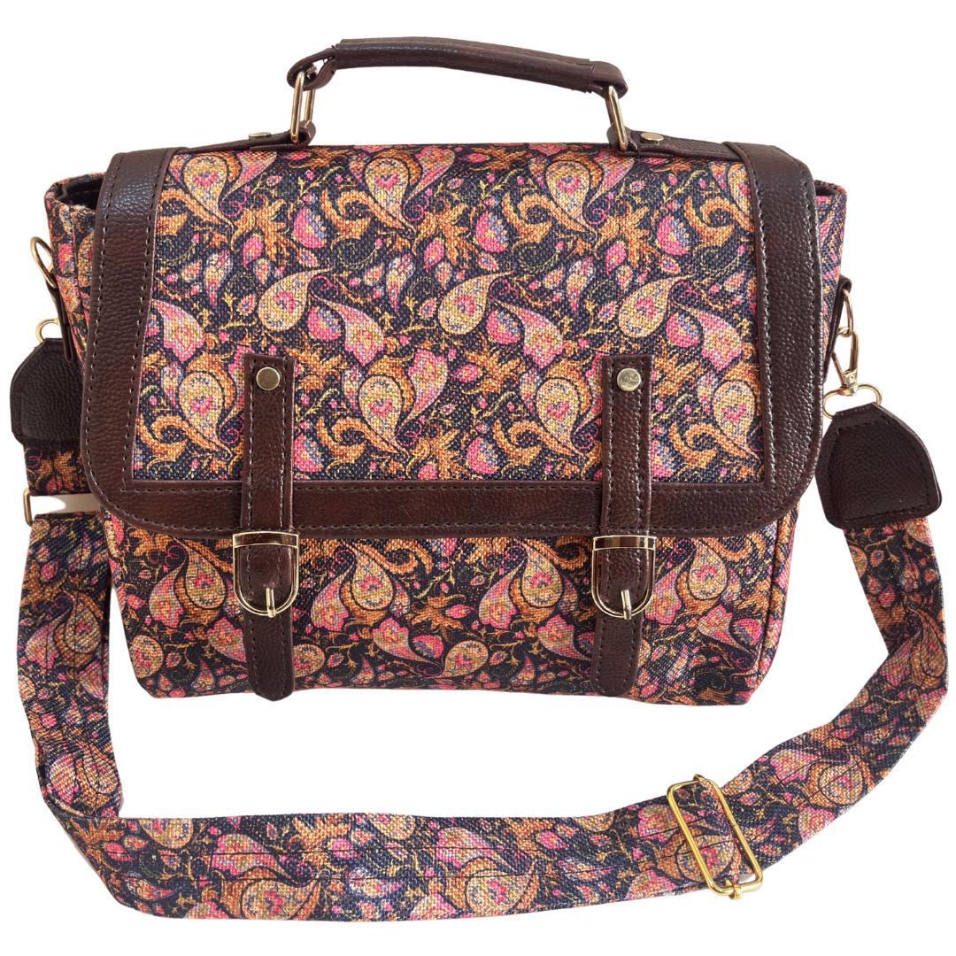 RajPadmini Briefcase Sling Bag in Brown Heritage Floral print – handcrafted cotton bag with faux leather trims, front view