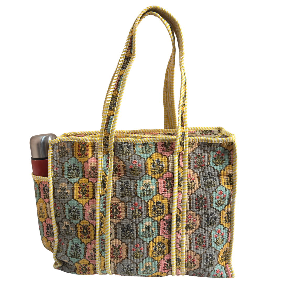 Artisan Quilted Bloom Quilted Cotton Tote - Handcrafted Shopping Companion