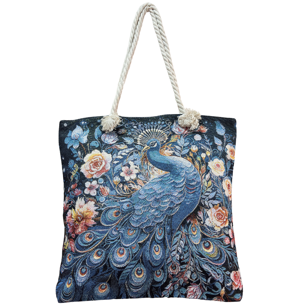 Peacock & Floral Print Canvas Beach Tote — Handcrafted Waterproof Tote with Zip Closure | The House of RajPadmini