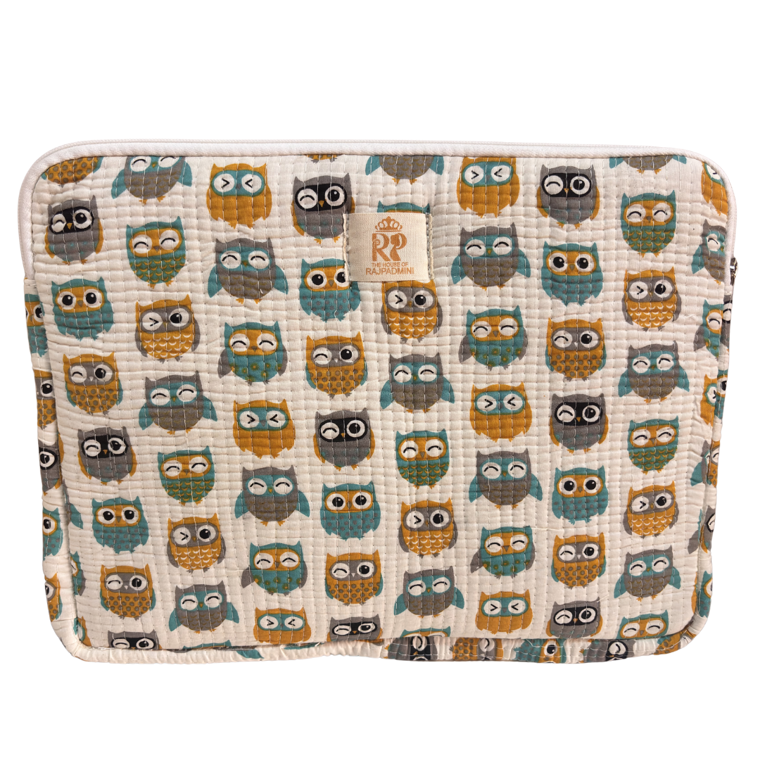 White Owl quilted cotton laptop sleeve with external zip pocket — signature owl-motif 14-inch sleeve by The House of RajPadmini