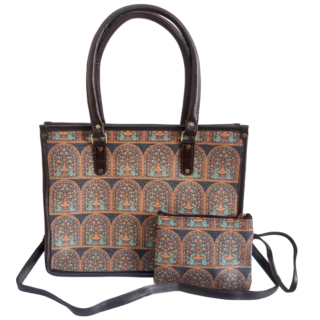Office Tote Bag for Women | Block Print Rajasthani Tote with Laptop Space & Matching Pouch
