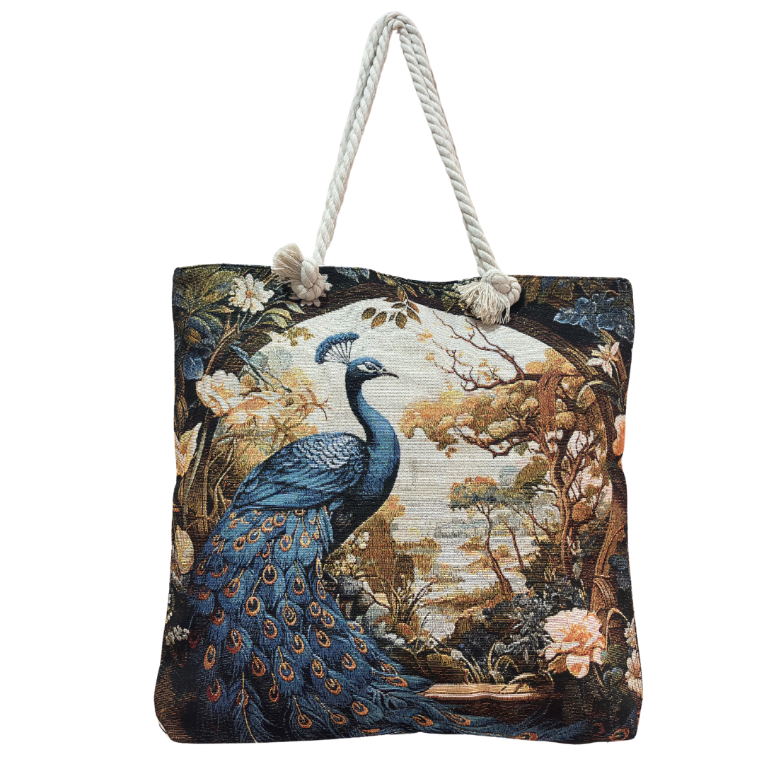 Peacock & Floral Print Canvas Beach Tote — Handcrafted Waterproof Tote with Zip Closure | The House of RajPadmini