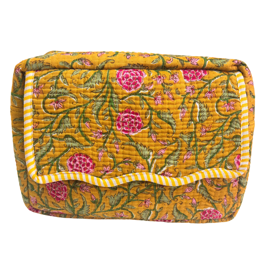Multi-Pocket Travel Cosmetic Case with Flap & Front Zip — Handcrafted Quilted Block Print | RajPadmini