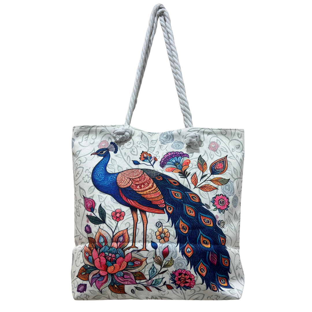 The House of RajPadmini Desert Caravan Edition | Waterproof Jaipuri Print Beach Tote with Peacock & Camel Motifs