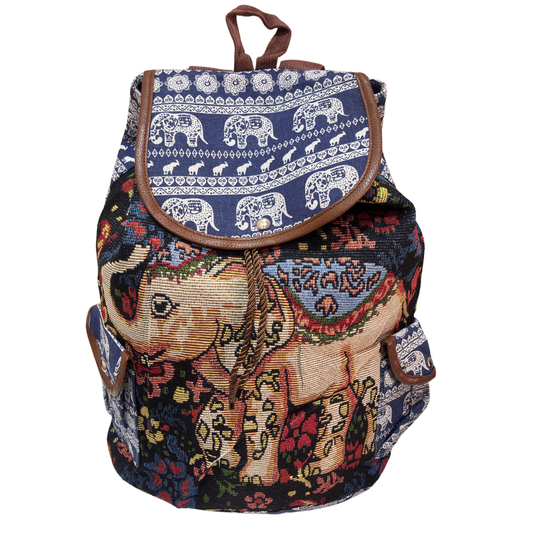 Trekking Paradise Edition: Canvas Black Elephant Print Drawstring Backpack