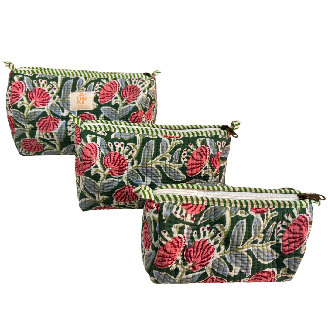 Quilted Cotton Travel Pouch Set of 3 – Waterproof Toiletry Organizer | Handcrafted in India