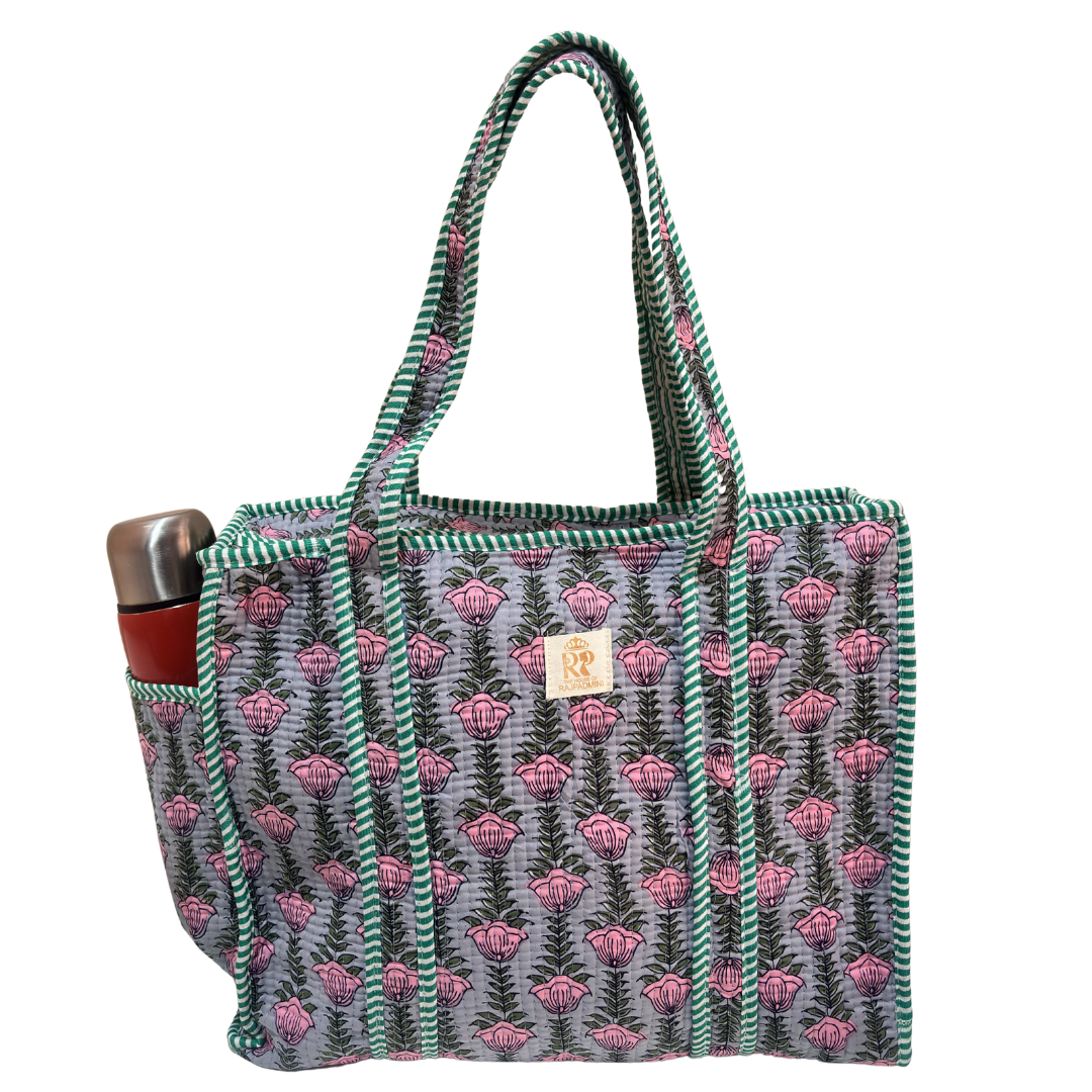 Artisan Quilted Bloom Quilted Cotton Tote - Handcrafted Shopping Companion