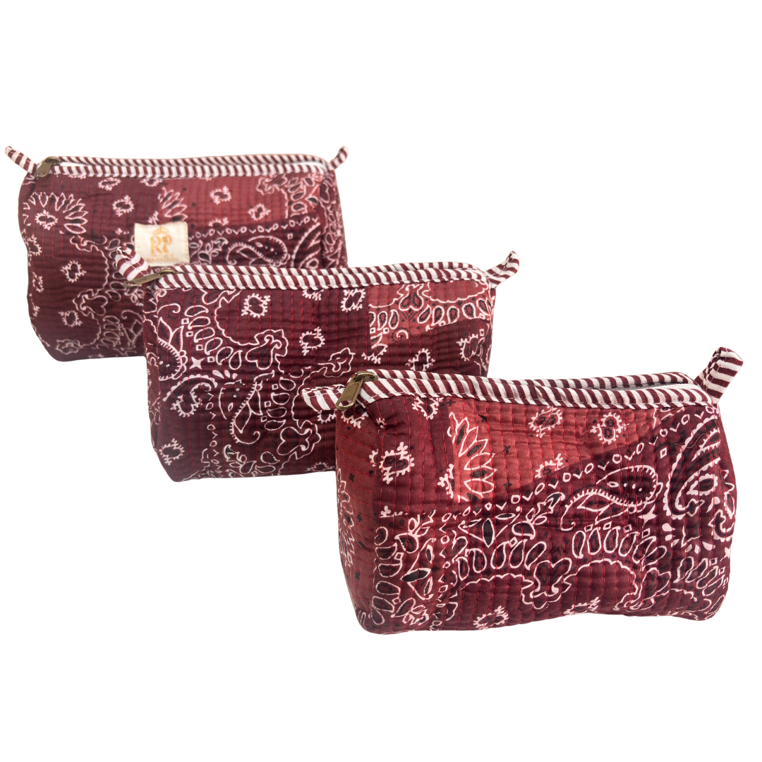 Quilted Cotton Travel Pouch Set of 3 – Waterproof Toiletry Organizer | Handcrafted in India