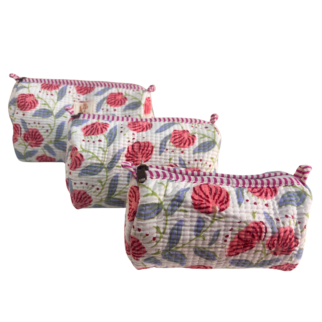 Quilted Cotton Travel Pouch Set of 3 – Waterproof Toiletry Organizer | Handcrafted in India
