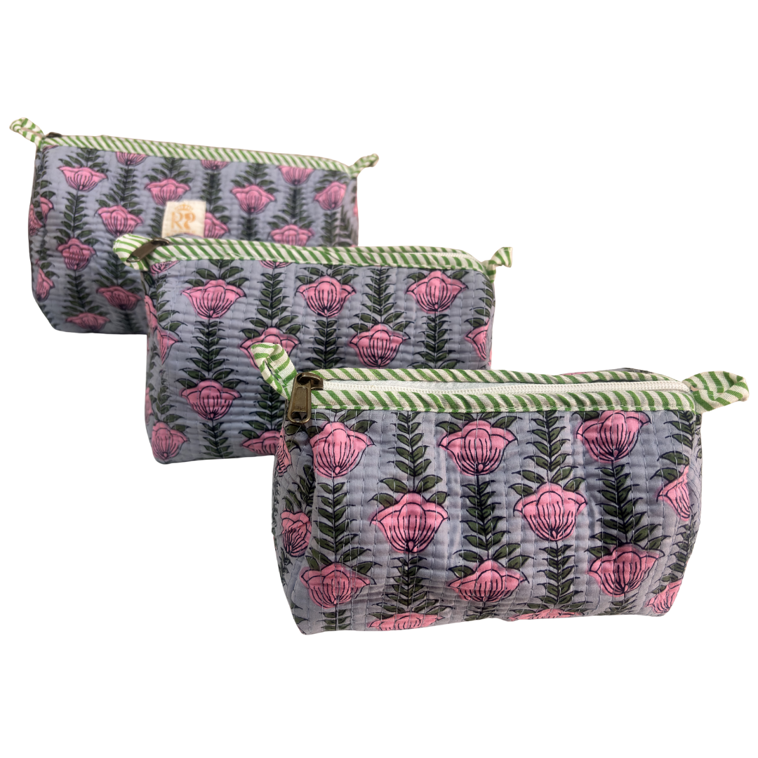 Quilted Cotton Travel Pouch Set of 3 – Waterproof Toiletry Organizer | Handcrafted in India
