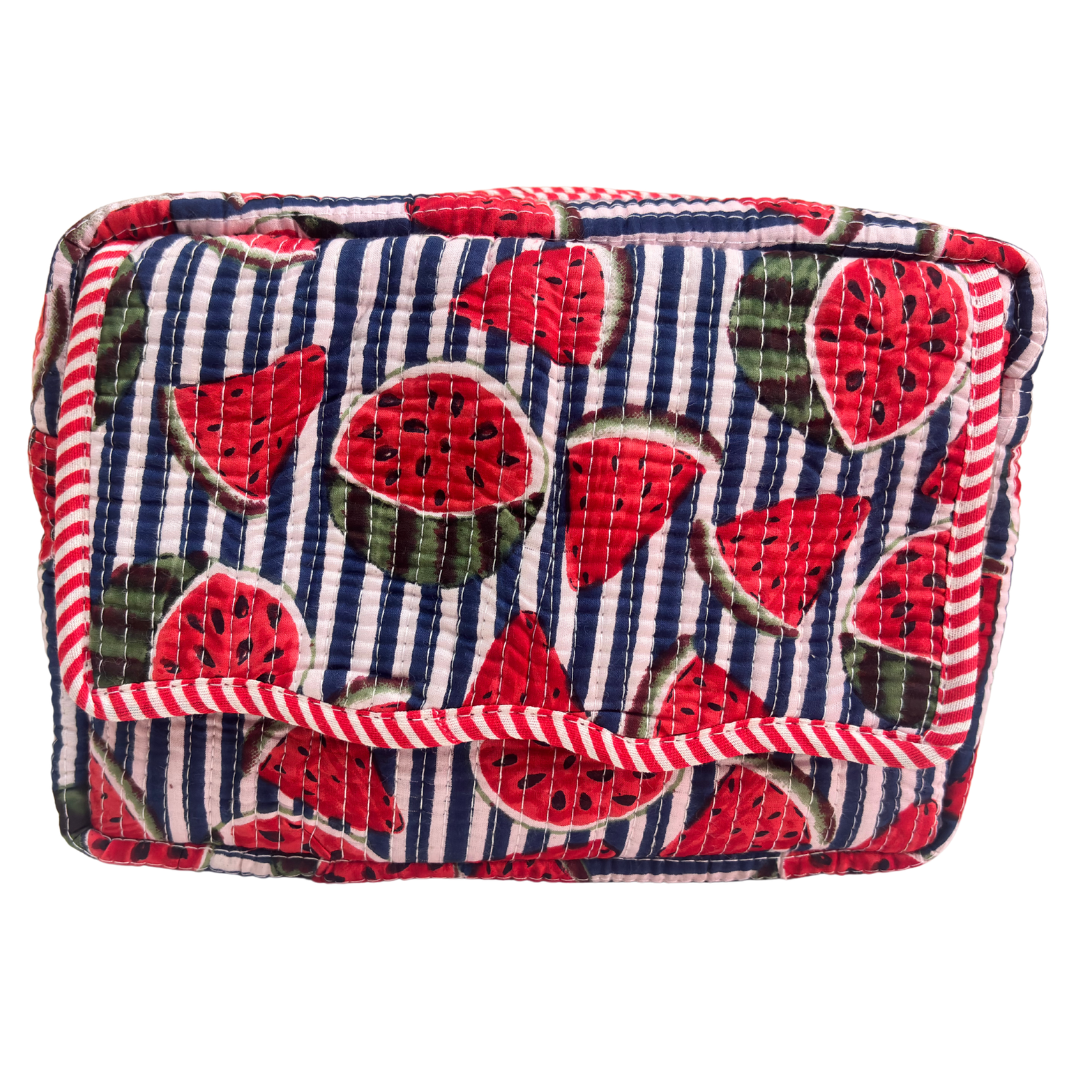 Multi-Pocket Travel Cosmetic Case with Flap & Front Zip — Handcrafted Quilted Block Print | RajPadmini