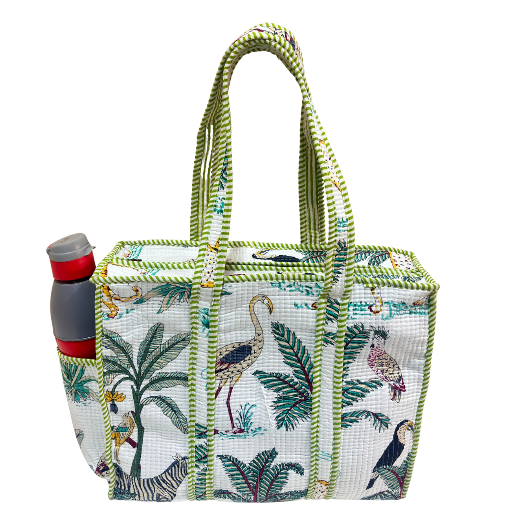 Animal Print Green quilted cotton tote — handcrafted shopping bag from Jaipur