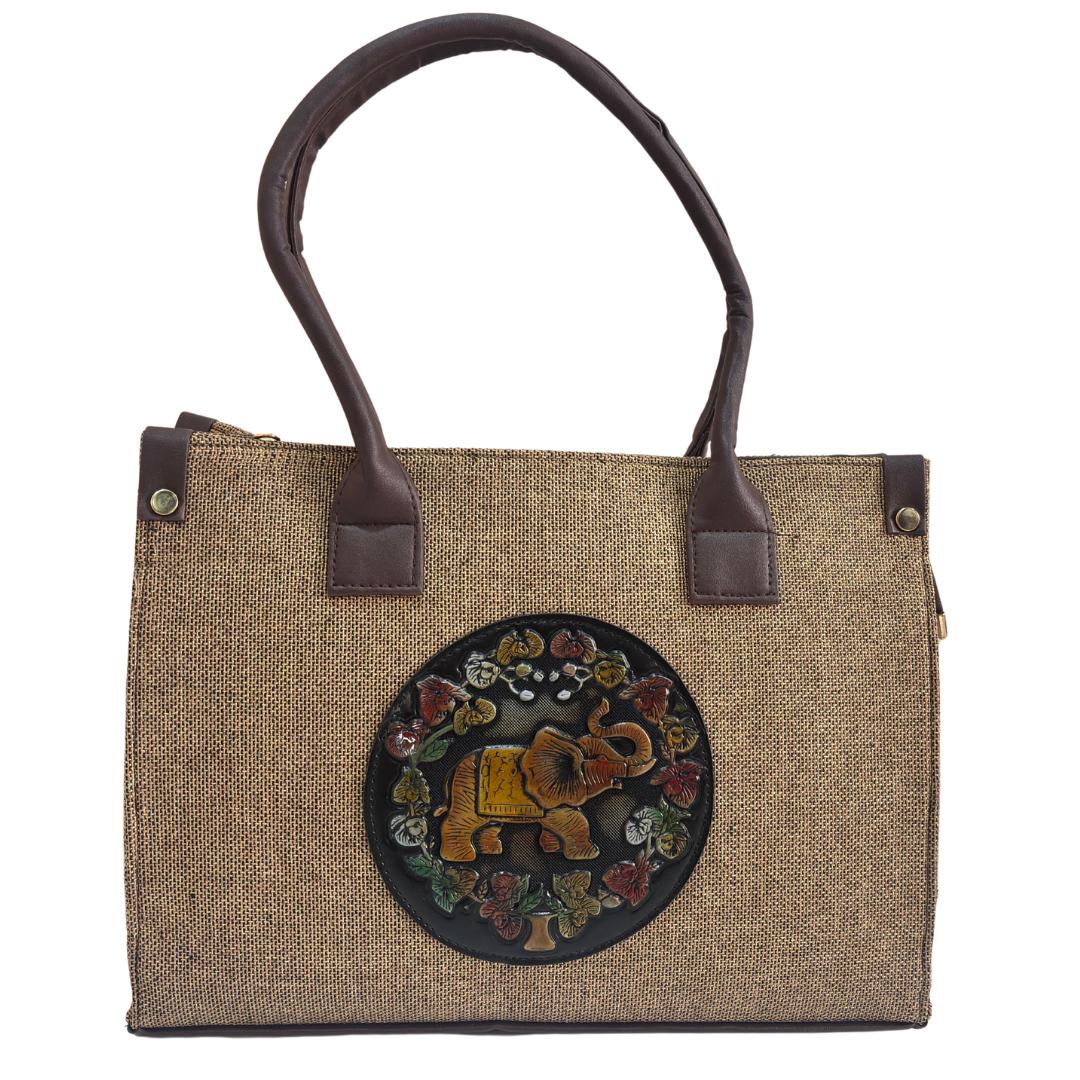 The House of RajPadmini Jute Tote Bag with Medallion Embossed Print