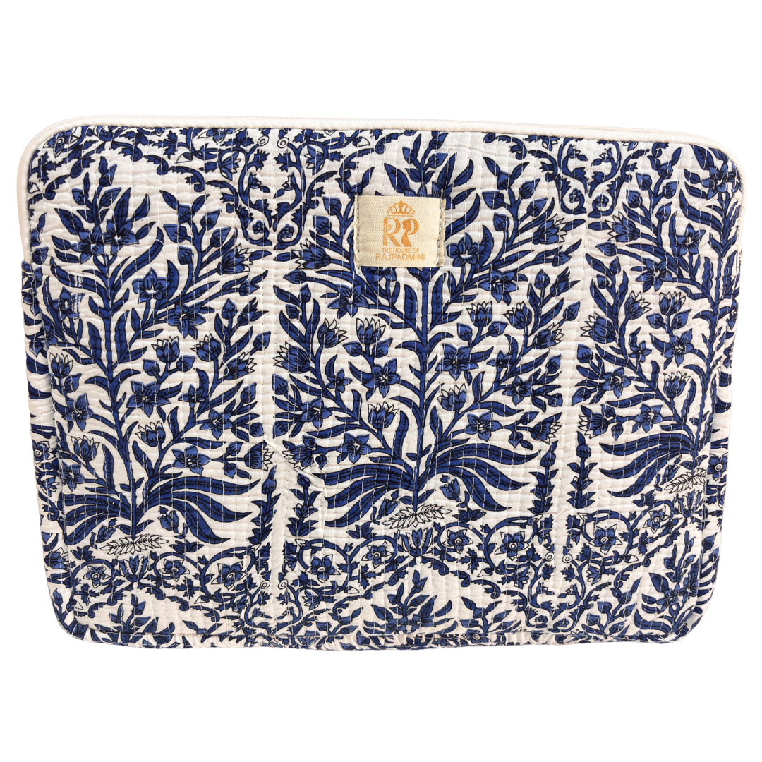 White and Blue quilted cotton laptop sleeve with external zip pocket — handcrafted 14-inch sleeve by The House of RajPadmini