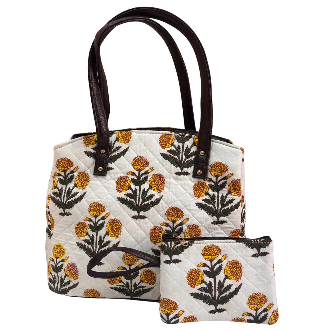 The House of RajPadmini Cross Quilted Cotton Tote Bag with Matching Pouch