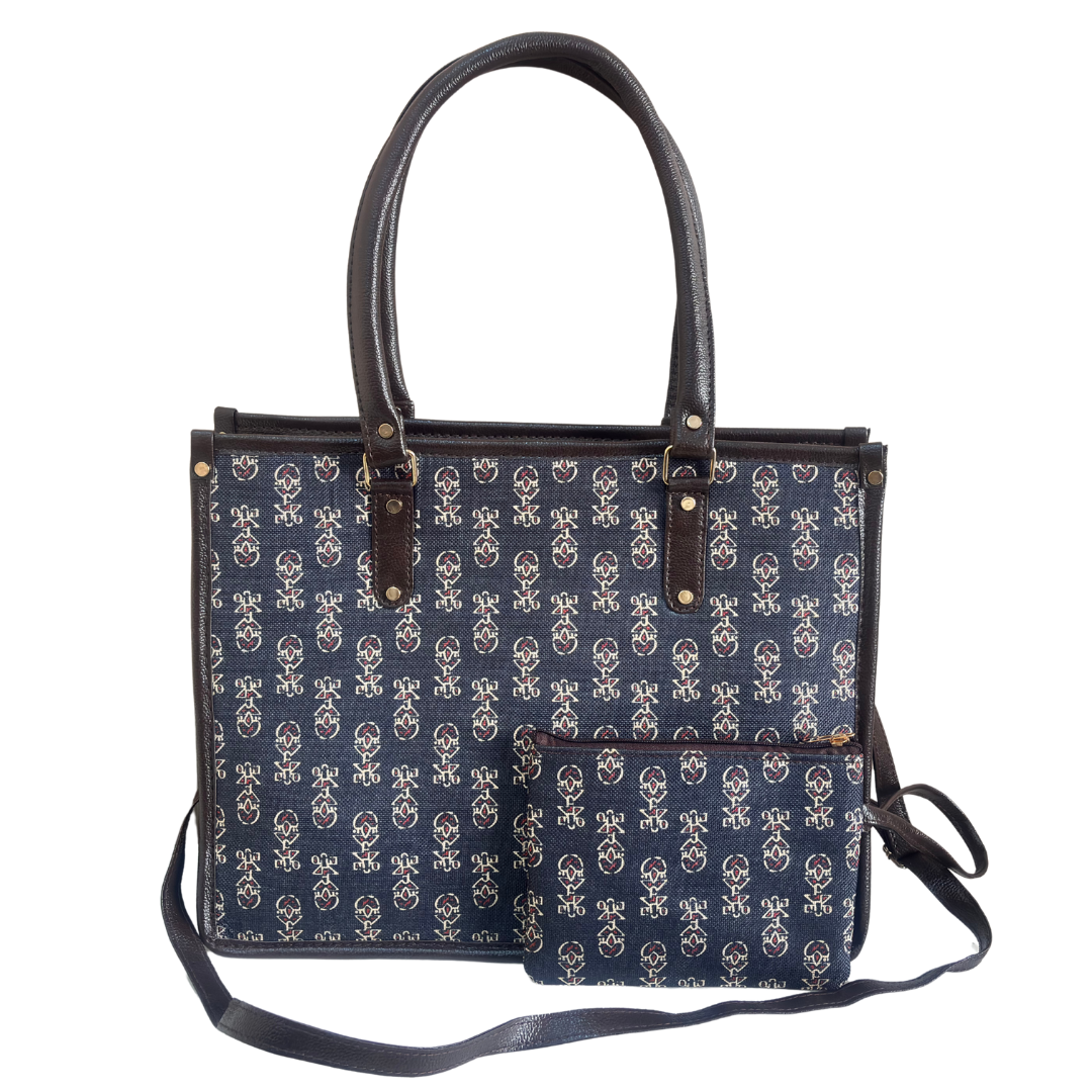 Office Tote Bag for Women | Block Print Rajasthani Tote with Laptop Space & Matching Pouch