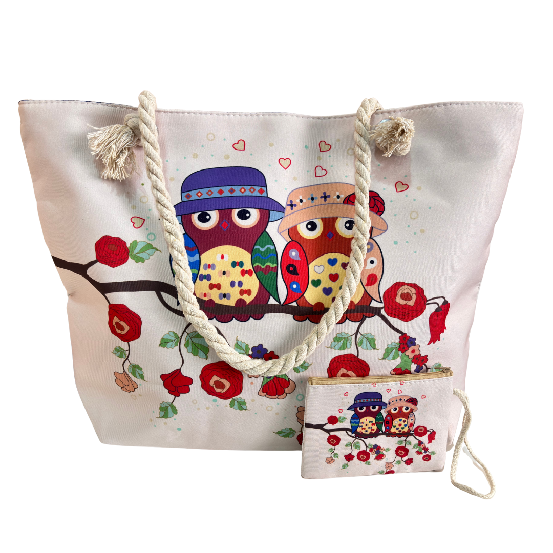 The Beach Party Edition:- Owl Print White Beach Tote Bag with complimentary Pouch