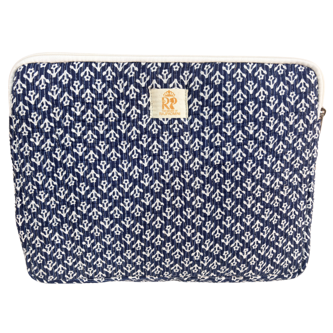 Indigo Blue quilted cotton laptop sleeve with external zip pocket — handcrafted 14-inch sleeve by The House of RajPadmini