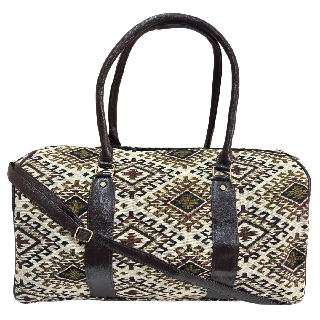Desert Trail white and brown cotton blend duffle bag by The House of RajPadmini — handcrafted in Jaipur
