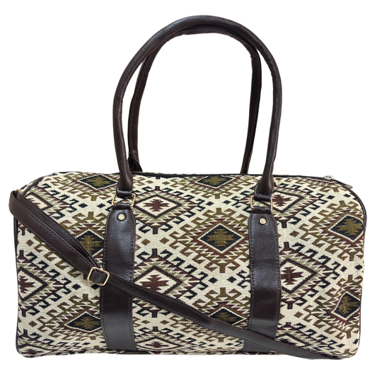 Desert Trail white and brown cotton blend duffle bag by The House of RajPadmini — handcrafted in Jaipur