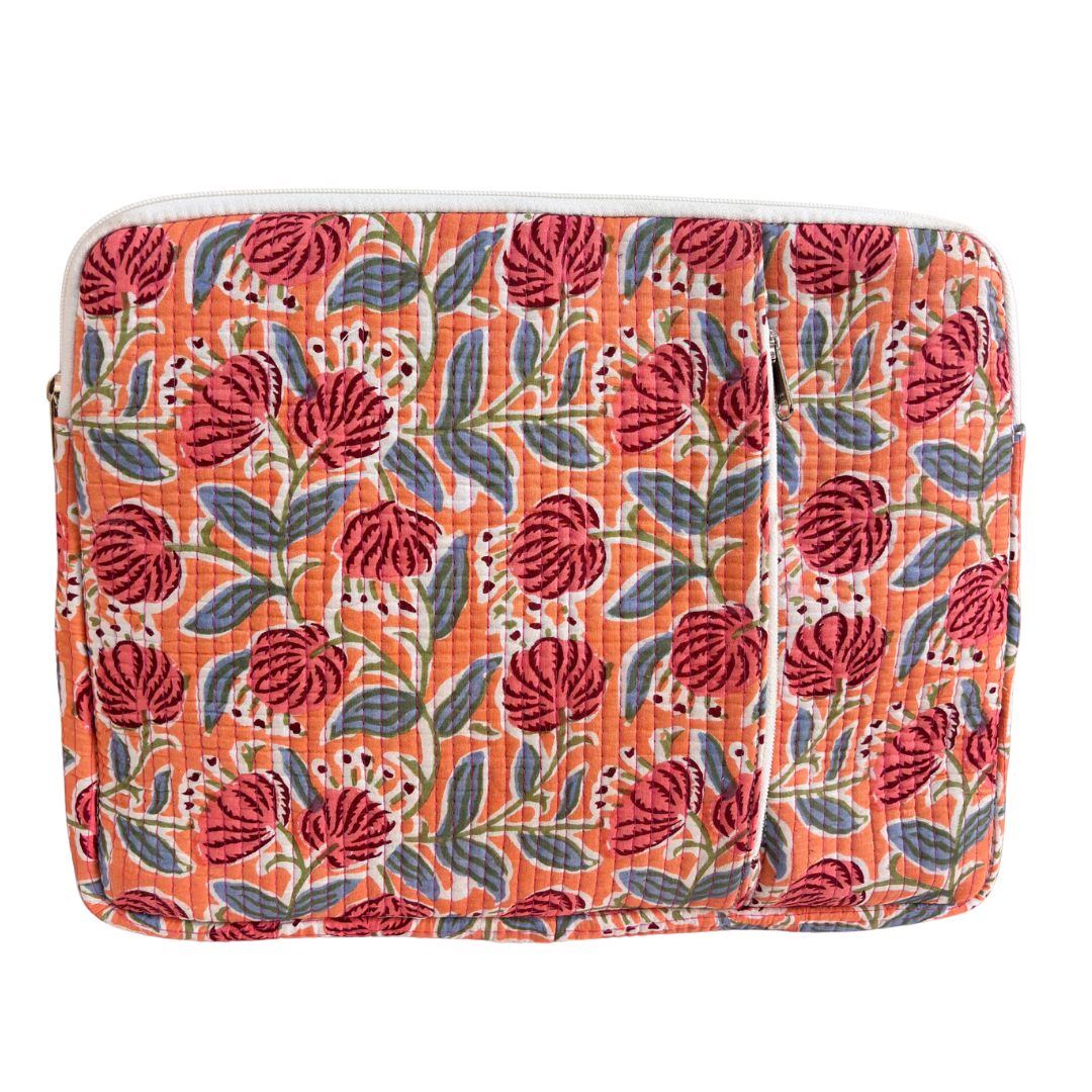 Quilted Cotton Laptop Sleeve with External Pocket — Handcrafted 14-inch Sleeve | The House of RajPadmini