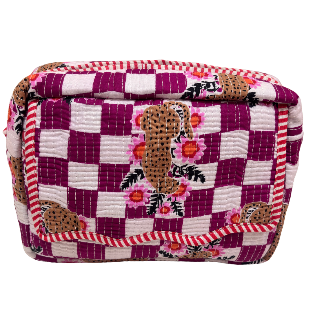 Multi-Pocket Travel Cosmetic Case with Flap & Front Zip — Handcrafted Quilted Block Print | RajPadmini