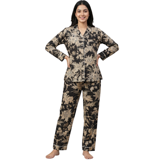 Gulmer by RajPadmini — The Night Blossom Mulmul Cotton Cord Set with matching Cover| Deep Black Nightsuit for Women | Breathable Loungewear with Collar Shirt & Pants
