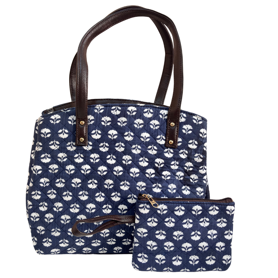The House of RajPadmini Cross Quilted Cotton Tote Bag with Matching Pouch
