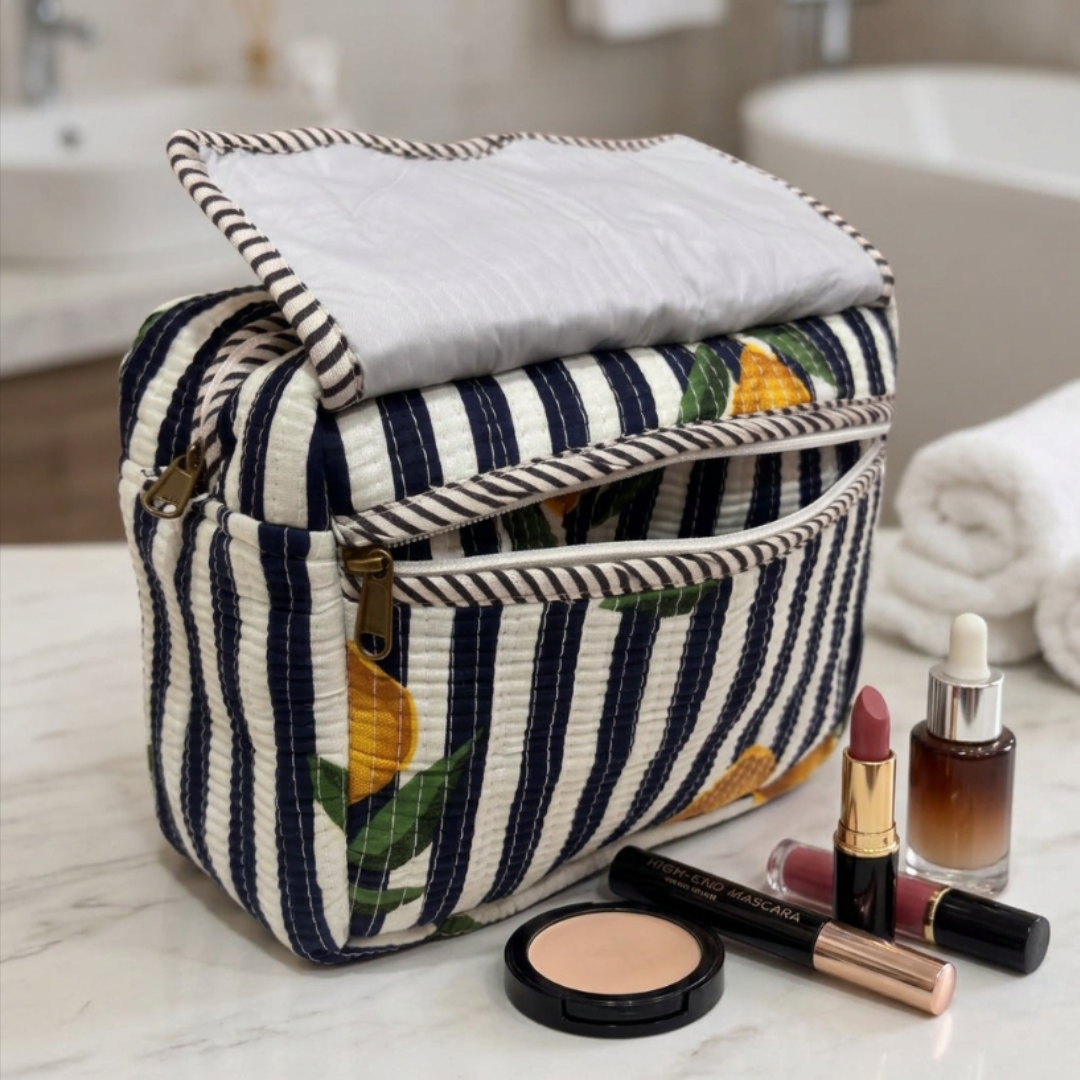 Multi-Pocket Travel Cosmetic Case with Flap & Front Zip — Handcrafted Quilted Block Print | RajPadmini