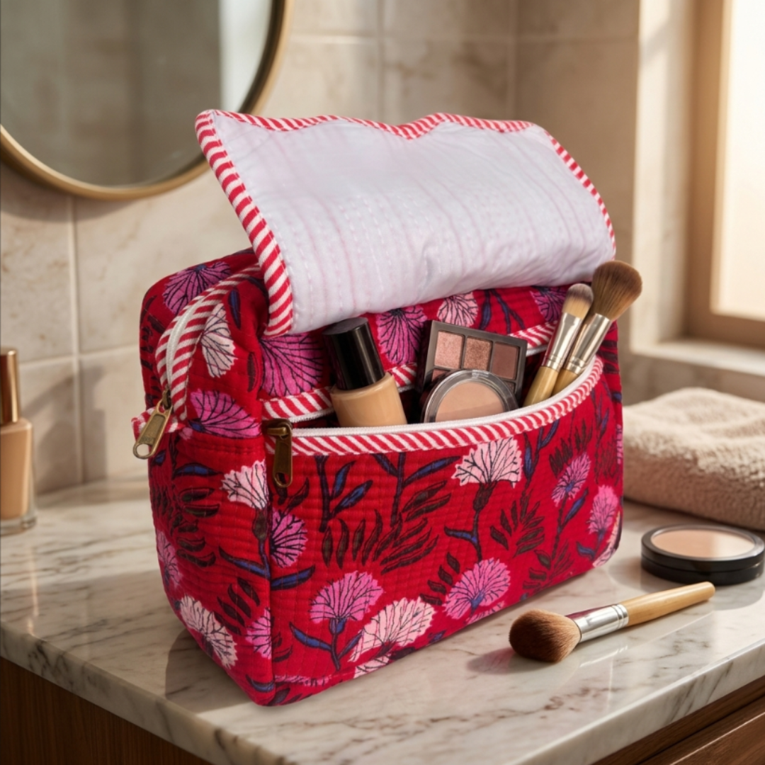 Multi-Pocket Travel Cosmetic Case with Flap & Front Zip — Handcrafted Quilted Block Print | RajPadmini