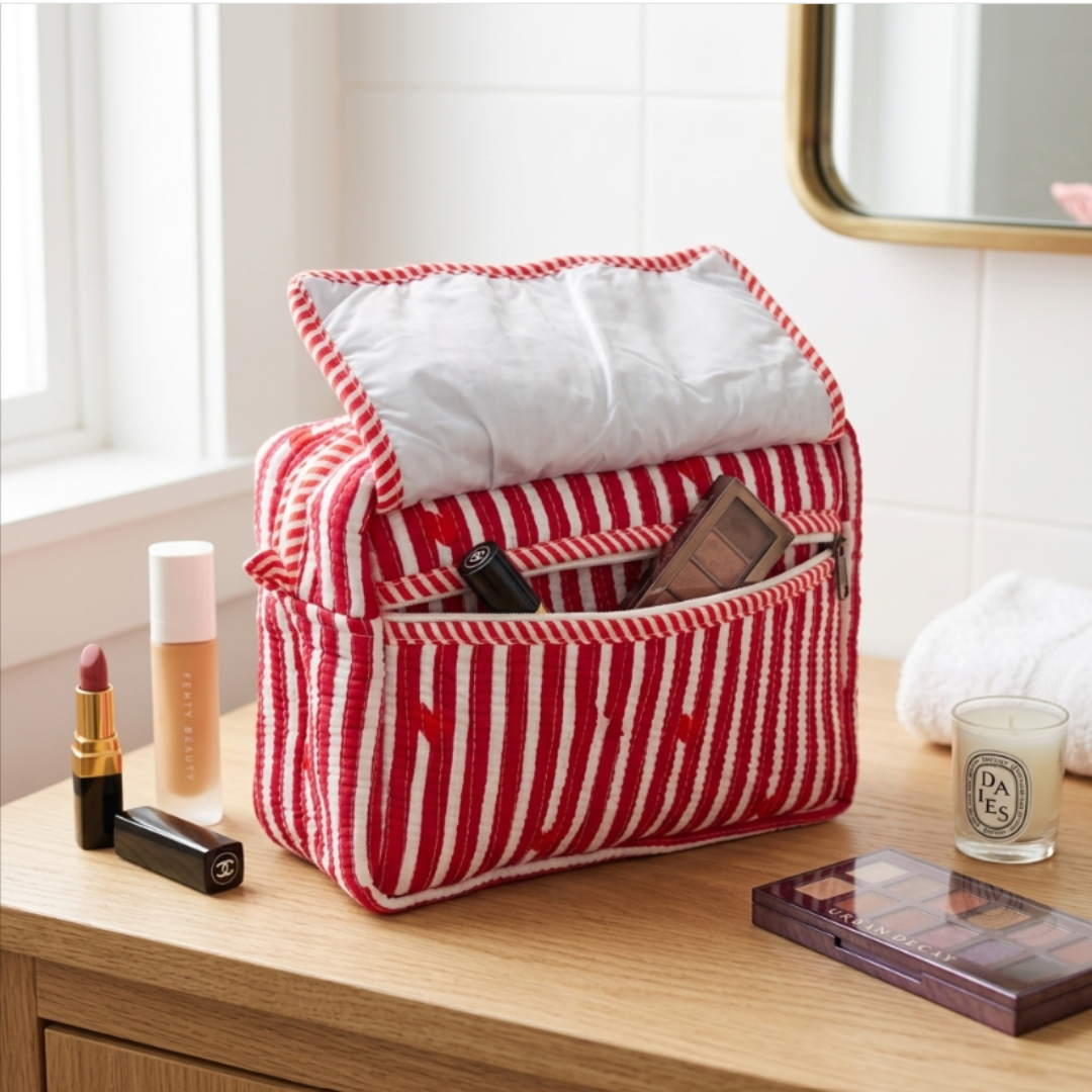 Multi-Pocket Travel Cosmetic Case with Flap & Front Zip — Handcrafted Quilted Block Print | RajPadmini