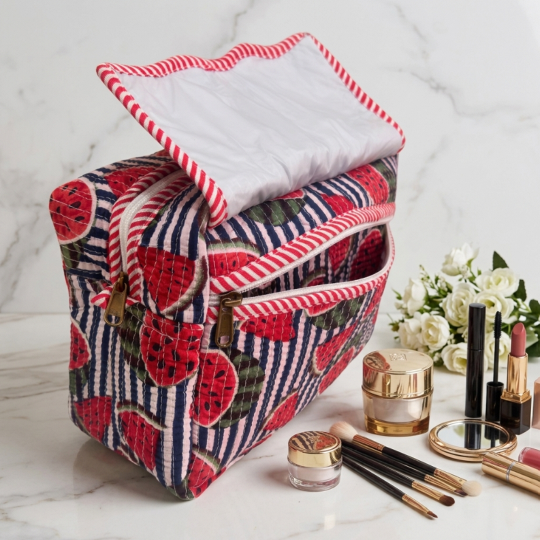 Multi-Pocket Travel Cosmetic Case with Flap & Front Zip — Handcrafted Quilted Block Print | RajPadmini