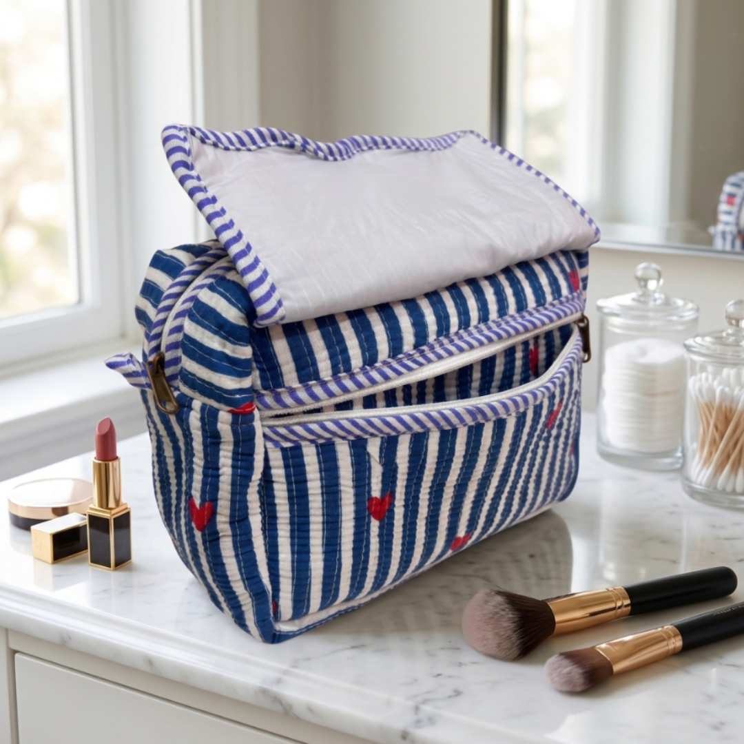 Multi-Pocket Travel Cosmetic Case with Flap & Front Zip — Handcrafted Quilted Block Print | RajPadmini