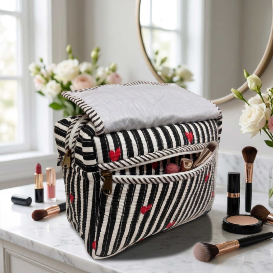 Multi-Pocket Travel Cosmetic Case with Flap & Front Zip — Handcrafted Quilted Block Print | RajPadmini