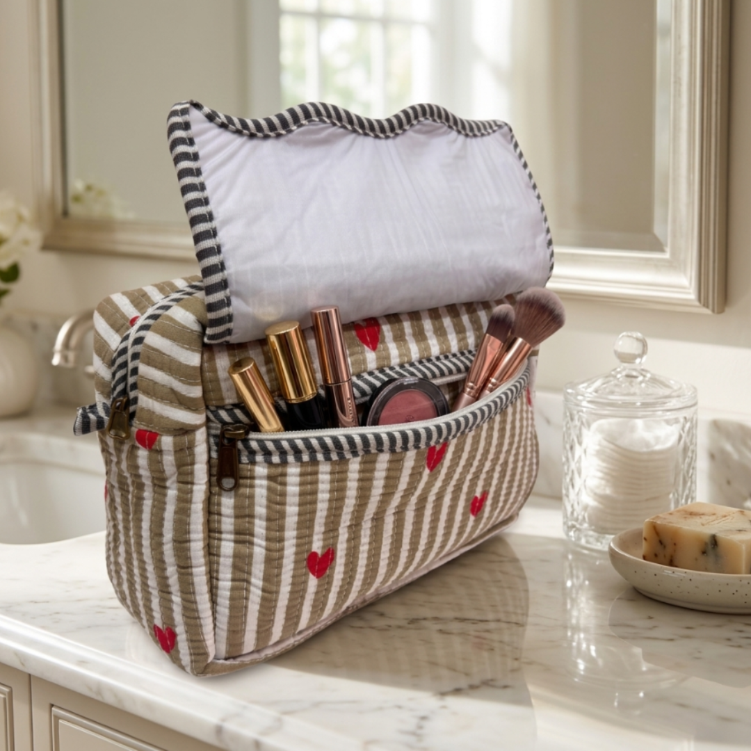 Multi-Pocket Travel Cosmetic Case with Flap & Front Zip — Handcrafted Quilted Block Print | RajPadmini