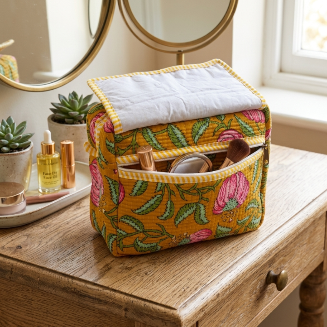 Multi-Pocket Travel Cosmetic Case with Flap & Front Zip — Handcrafted Quilted Block Print | RajPadmini