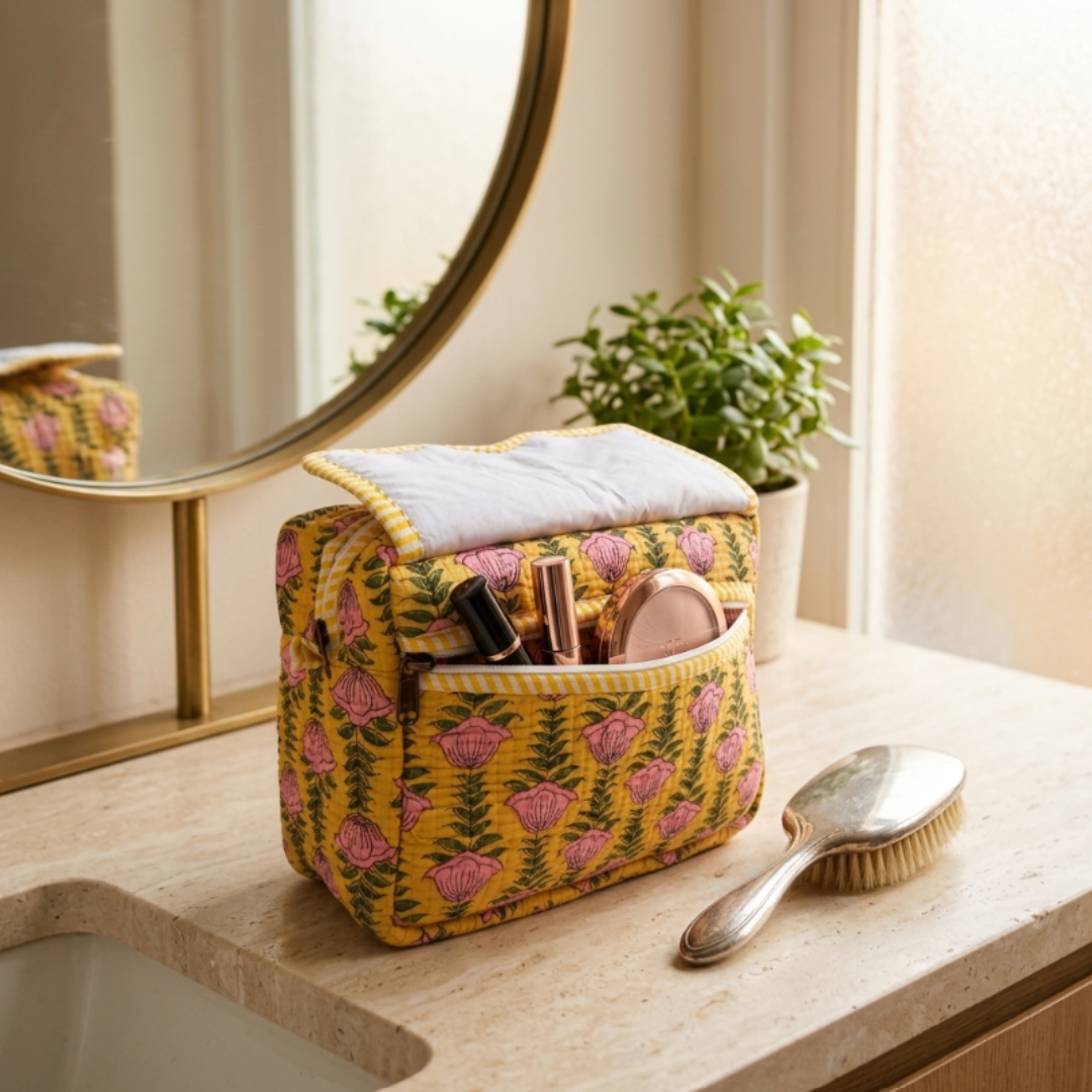 Multi-Pocket Travel Cosmetic Case with Flap & Front Zip — Handcrafted Quilted Block Print | RajPadmini