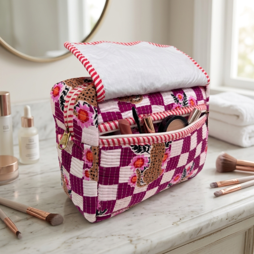 Multi-Pocket Travel Cosmetic Case with Flap & Front Zip — Handcrafted Quilted Block Print | RajPadmini